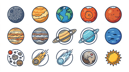 Colorful illustrated planets and space objects collection. © Revan