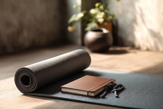 Yoga mat and journal on wooden floor in cozy room.