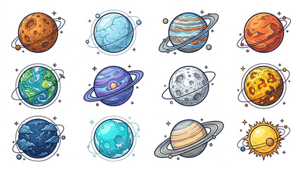 Colorful illustrated planets in space orbiting stars. © Revan