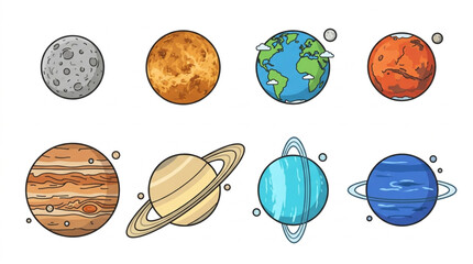 Colorful illustrated planets of the solar system. © Revan