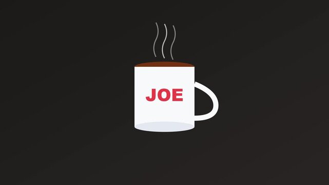 Animated coffee mug with joe text and rising steam loop, minimalist 2 d for morning routine and breakfast concepts animation 4k