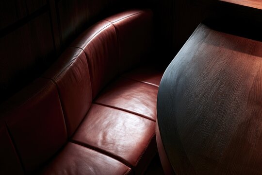 Dimly lit booth with plush leather seating and smooth wooden tabletop