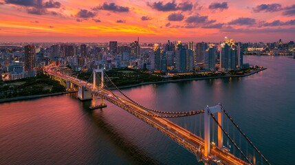 Obraz premium Illuminated suspension bridge spans urban waterway at vibrant sunset