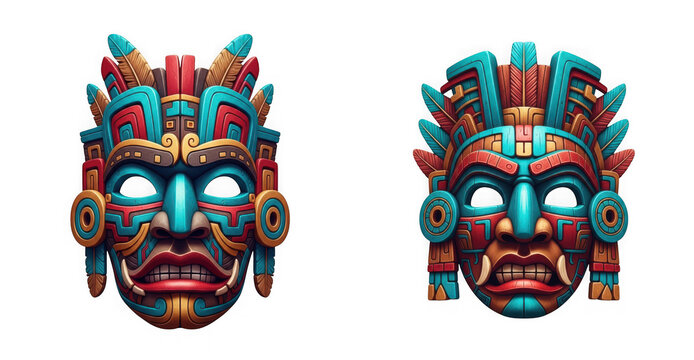 Set of two ornate aztec or mayan style ceremonial masks with intricate carvings and vibrant colors isolated on transparent background