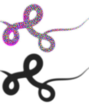 Abstract colorful and black halftone dotted ribbon swirl on white background