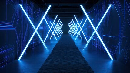 Fototapeta premium Futuristic blue neon light tunnel with X-shaped patterns and textured floor