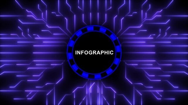 Futuristic digital infographic interface with glowing purple circuitry patterns and central circular data hub for advanced technology presentations, cyber security concepts, and modern software ui