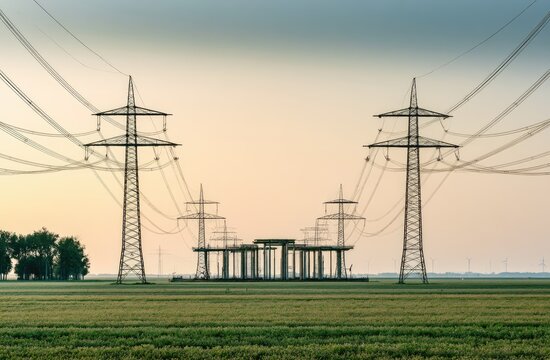 Transmission towers create a rhythmic line across a field at dawn
