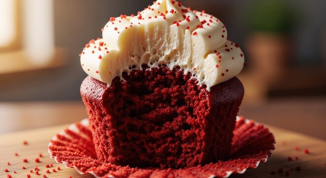 Red velvet cupcake with cream cheese frosting and bite missing.