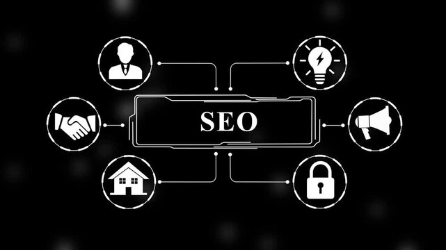 Digital marketing seo strategy infographic animation featuring interactive business for search engine optimization, online growth, web traffic analysis, and corporate branding presentations