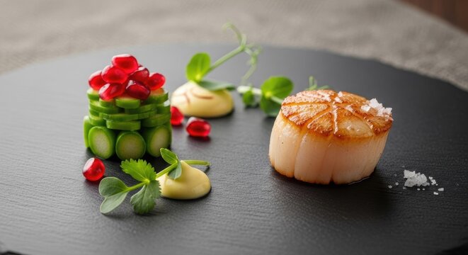 Gourmet seared scallop dish with elegant vegetable garnishes.