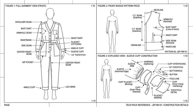 Technical Fashion Design Specification Sheet Showing Garment Construction Details for Women's Jumpsuit Apparel Manufacturing
