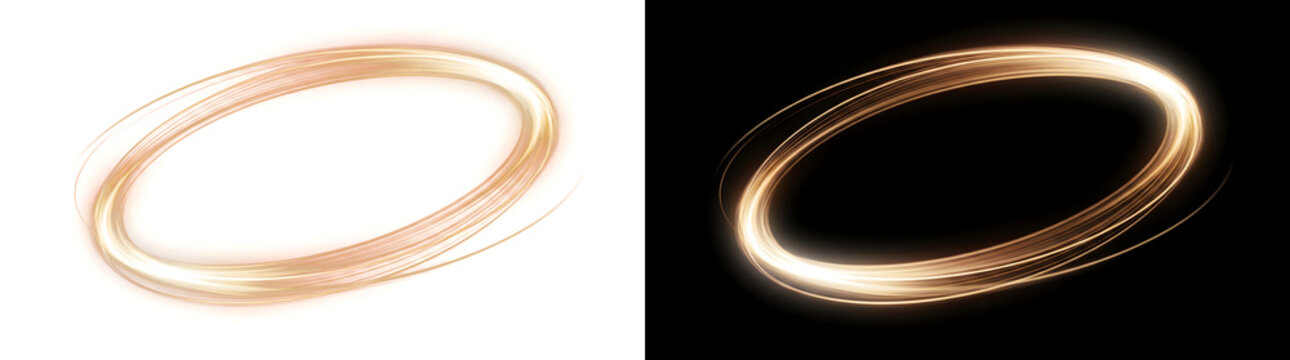 Golden light oval ring trail forms a smooth glowing circular frame in PNG, Transparent and Black Background Versions for design use