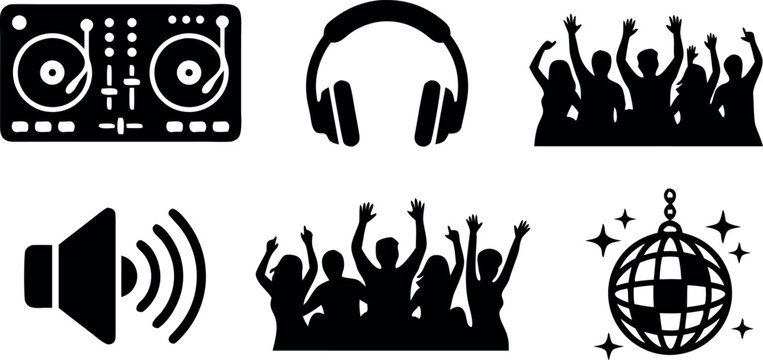 Music Festival Icon Set with DJ Mixer, Headphones, Speaker, Crowd and Disco Ball Symbols