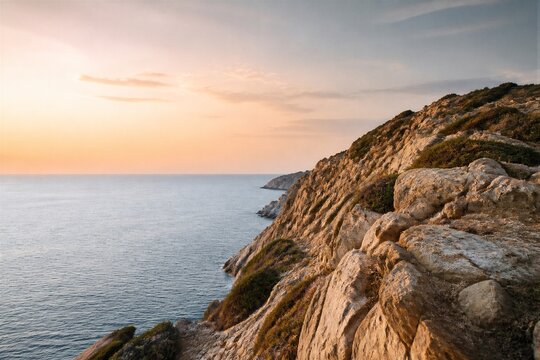 Rocky coastal cliff overlooking calm sea during sunset horizon
