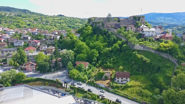 Aerial Drone View of Jajce Fortress Overlooking Historic Town, Bosnia and Herzegovina