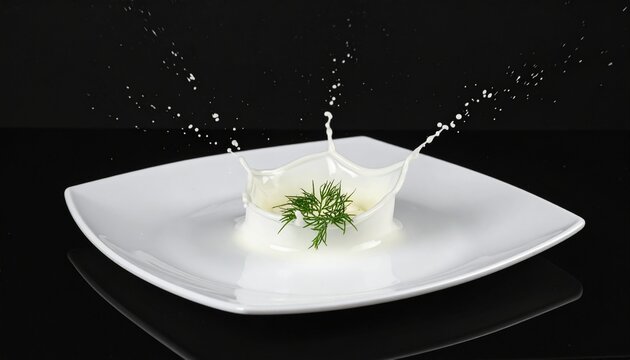 Milk Splash with Dill on White Plate Still Life