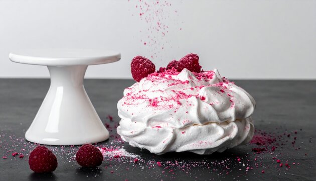 Meringue Dessert with Raspberries and Pink Powder Topping