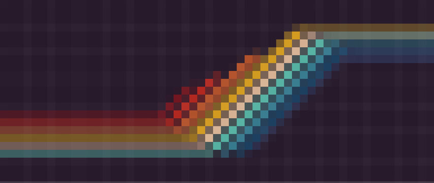 Colorful pixel art heart shape with bright rainbow glow