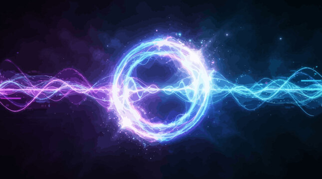 Abstract circular energy orb glows with vibrant blue and purple wave patterns against a dark nebulous background.