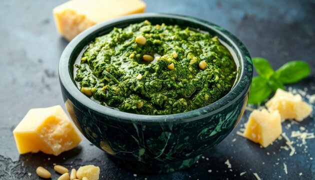 Pesto Genovese in Bowl with Parmesan Cheese and Pine Nuts