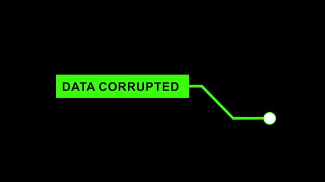 Digital data corrupted warning hud overlay with neon green ui interface minimalist tech callout box, cyber security alert notification, glitch system error concept for motion