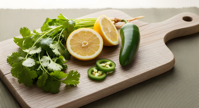 Fresh cilantro lemon and jalapeno on cutting board