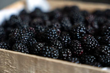 A high-angle, close-up shot of a rustic wooden crate filled to the brim with fresh, ripe boysenberries. The dark, glossy berries are tightly packed inside the crate, which is lined with white paper. © Dina Luk