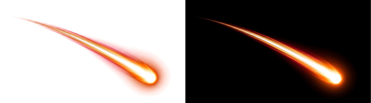 Orange fireball comet meteor trail streaks diagonally with a glowing hot tail in PNG, Transparent and Black Background Versions for use