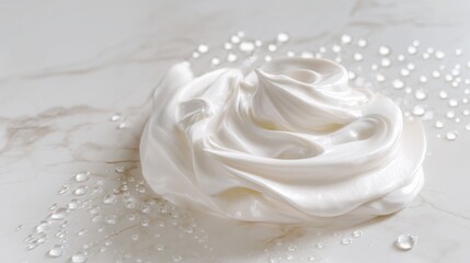 Fototapeta premium luxurious white cosmetic cream elegantly swirled into perfect silky waves, crystal water droplets, white marble surface, minimal premium skincare