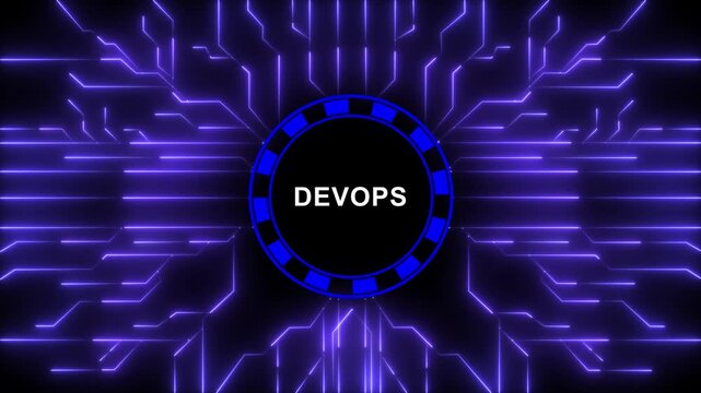 Dynamic devops technology concept featuring glowing purple digital circuit board lines and futuristic data network connectivity patterns for advanced software development and information technology