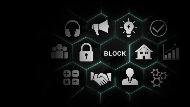 Digital blockchain technology concept featuring animated hexagonal network nodes with cryptocurrency security decentralized finance infrastructure, secure data encryption, and global business