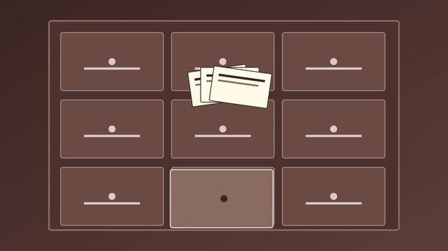 Digital filing system animation: organizing documents in virtual cabinet drawers 4k