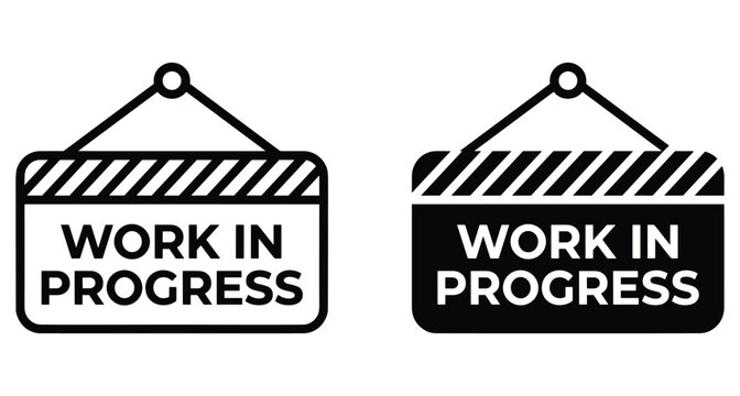 Work in progress hanging sign icon set with striped border for construction maintenance website update under development warning message notification