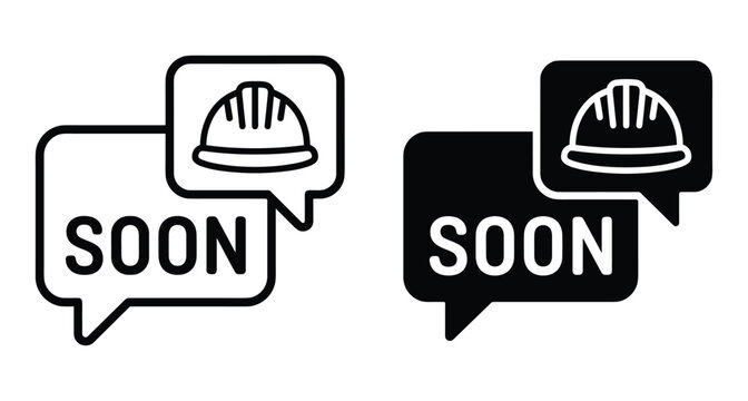 construction coming soon icon with hard hat and speech bubble for website maintenance page under development project progress notification