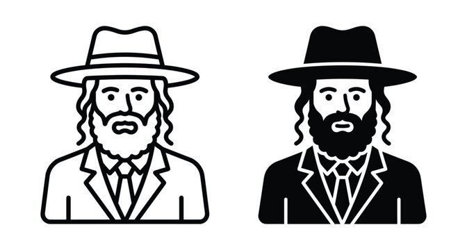 Orthodox Jewish man rabbi icon set with beard hat and sidelocks wearing suit and tie in line and glyph style