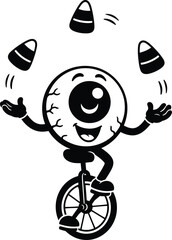 Funny cartoon eyeball character juggling candy corn while riding a unicycle © MohammadSakhawat
