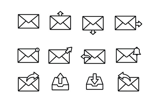 Vector line art icons set featuring envelope symbols for inbox, outbox, send, receive, forward, reply, notification, and email communication.