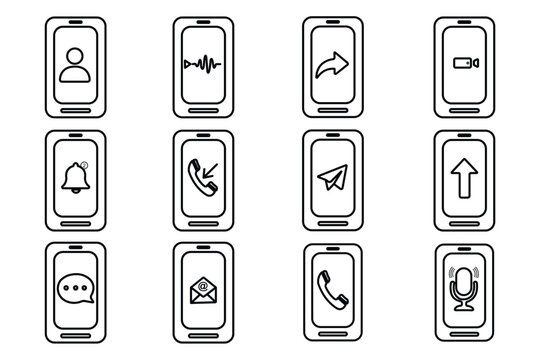 Vector line art icons set featuring smartphones with call, message, video, microphone, notification, and email symbols for mobile communication design.