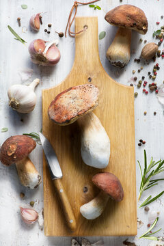 Wild boletus and porcini mushrooms with fresh garlic on a rustic wooden cutting board. Food photography with a knife, peppercorns and rosemary for a gourmet kitchen scene.