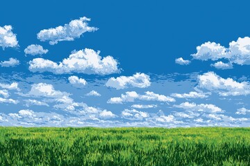 Obraz premium A vast, lush green meadow stretches under a bright blue sky with fluffy white clouds