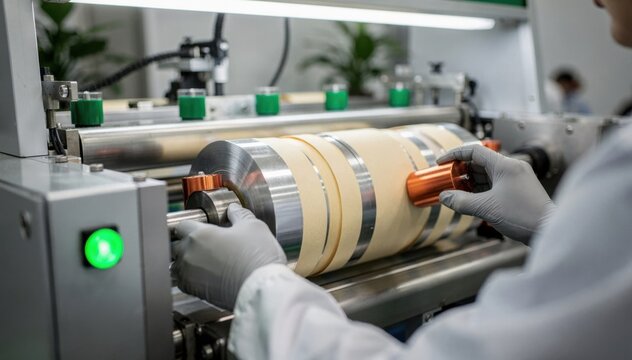 Medium shot showcasing the assembly process of foil capacitors featuring ecofriendly paper dielectrics emphasizing precision and green technology use.