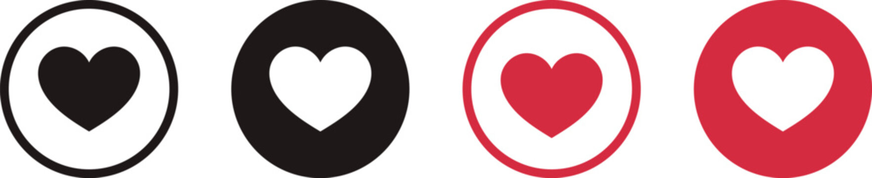 Heart love icon vector button set in round circle for web and app UI UX design, minimalist red and black favorite and like symbol collection
