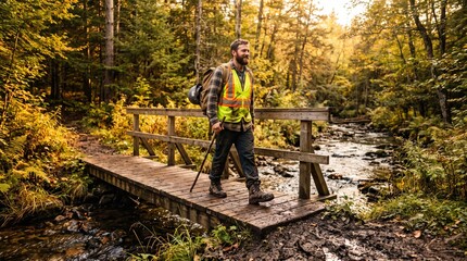 Obraz premium Construction worker crosses wooden bridge over stream in autumn forest