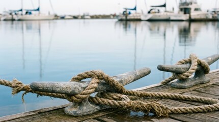 Fototapeta premium Dock cleats with mooring rope on wooden pier at marina