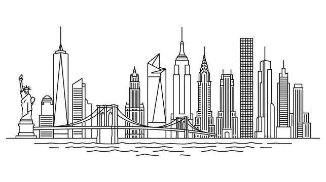New york city skyline outline statue of liberty brooklyn bridge and manhattan buildings