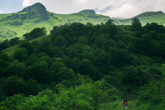 Hikers Walking Through Green Mountain Valley in Tavush, Armenia