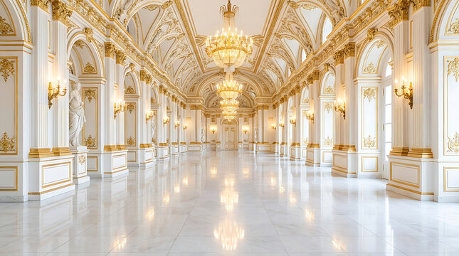 Grand palatial hallway with white marble floor and gold molding