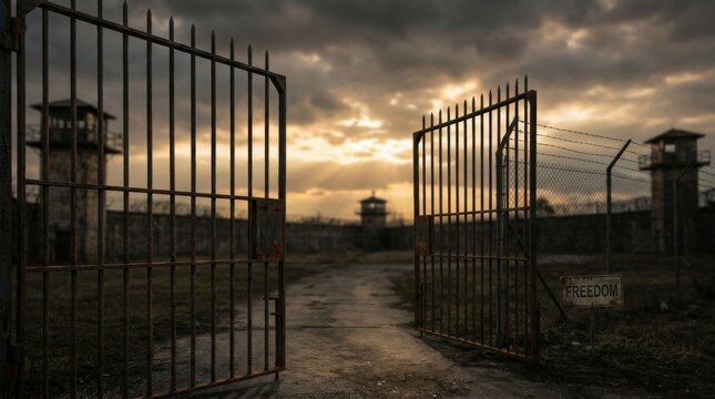 Symbolic liberation open prison gate under dramatic sky representing freedom and hope