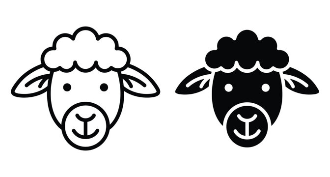 Sheep head icon set featuring outline and solid black styles for farm animal branding livestock logo design and web graphics